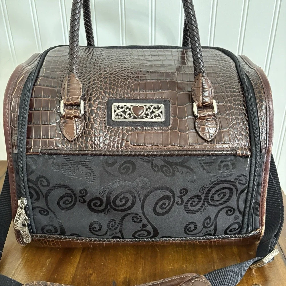 Brighton Lansky Black & Brown Croc Travel Duffel Weekender Bag Toiletry Makeup